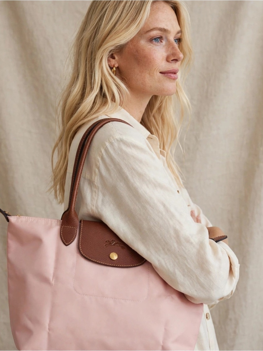 Longchamp Pink Tote with Brown Leather Trim